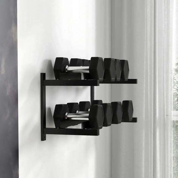Wall-mounted 2-tier rack with neatly stored dumbbells on the top and bottom shelves