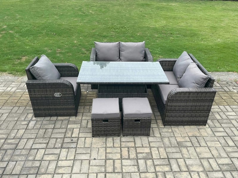 Fimous Wicker PE Rattan Furniture Garden Dining Set Outdoor Height Adjustable Rising lifting Table Love Sofa With Reclining Chair 2 Small Footstools