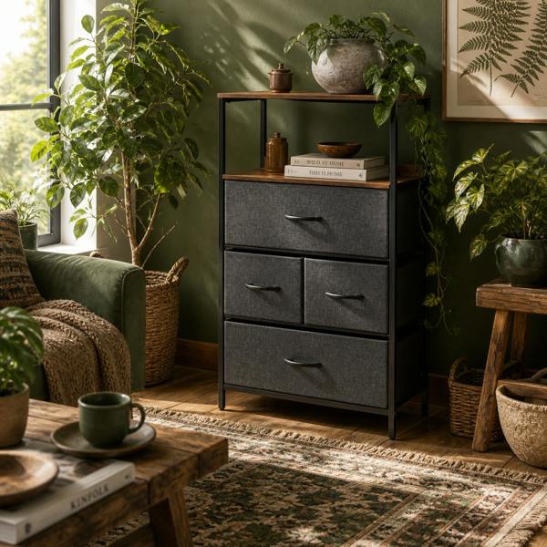 Wyld Haus Lolula Wooden Black 4 Drawer Storage Chest With Open Shelf
