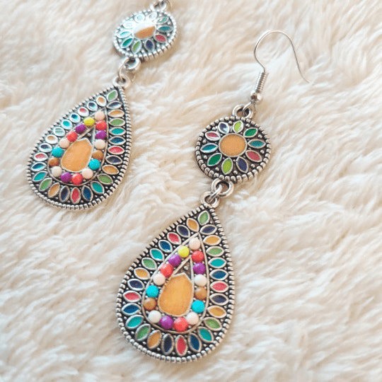 The Colourful Aura Long Mandala Water Drop Colourful Floral Enamel Indian Triangle Ethnic Danglers