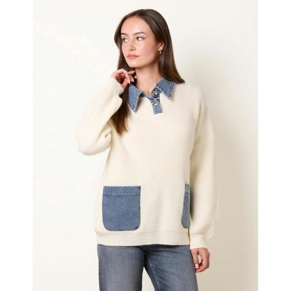 Blue Vanilla Denim Collar And Pocket Detailed Jumper