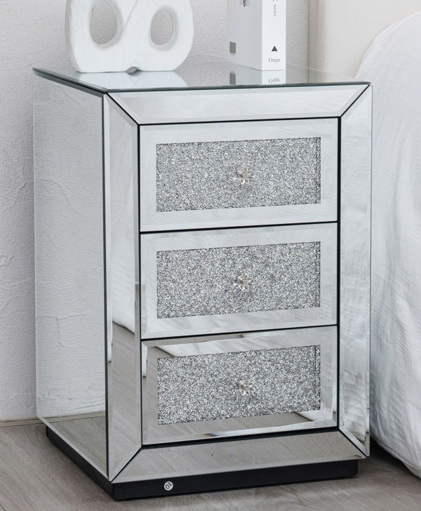 Comfy Living Diamond Crystal Mirrored 3 Drawer Bedside Table Bedroom Furniture