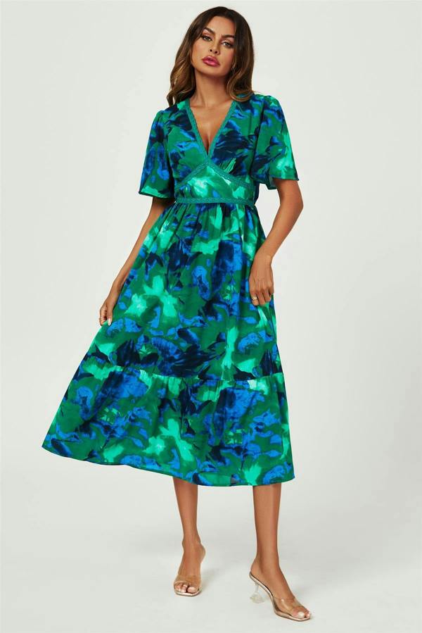 FS Collection Abstract Floral Print Lace Detail Angel Sleeve Maxi Dress In Green