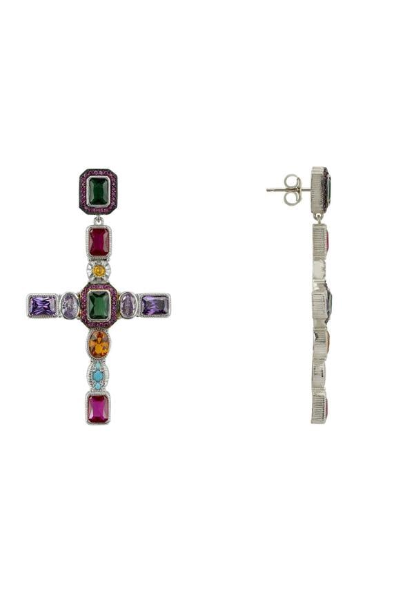 Multicolored gemstones cross-shaped earrings on a white background