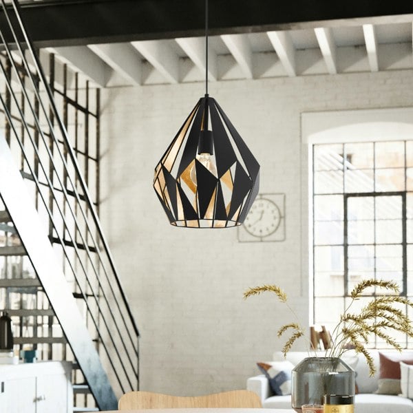 EGLO Carlton 1 Single Pendant Light E27 Black Gold