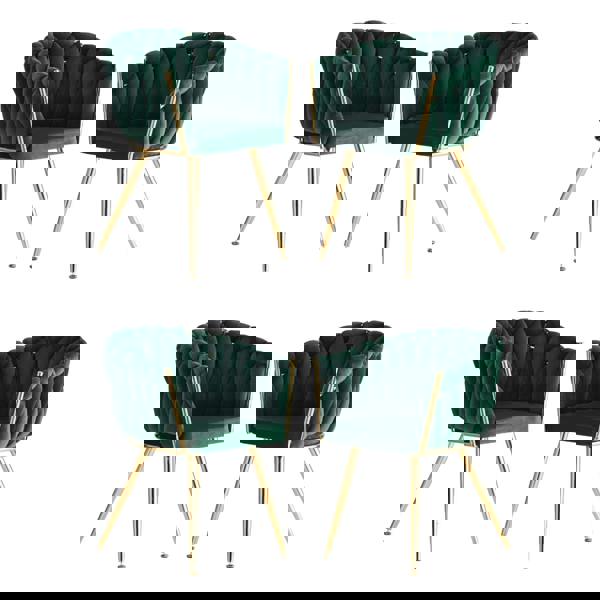 Life Interiors Set of 4 Roma Knot Velvet Armchairs with Gold Metal Legs, Modern Tufted Design for Living Room