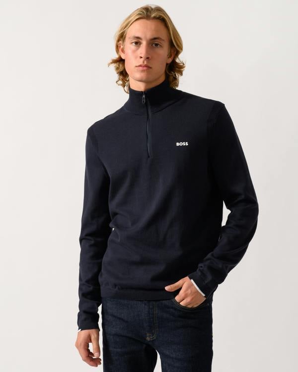 BOSS Green Ever-X Mens Cotton sweater with quarter zip - Dark Blue 402