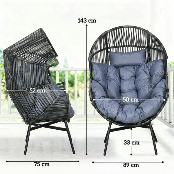 Grey-blue cushioned egg chair with dark rattan frame and four splayed legs