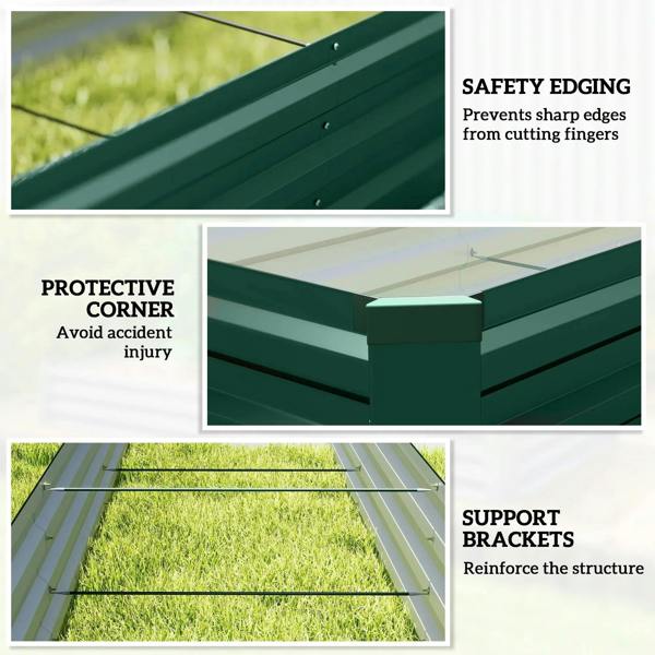 Green galvanized steel raised bed with protective corner edging and support brackets.