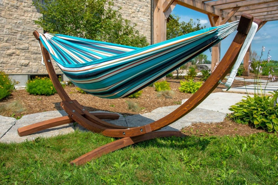 Double Sunbrella Hammock with Solid Pine Arc Stand - Token Surfside