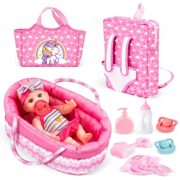 deAO Toys Baby Doll Bassinet Bed Backpack Playset includes a realistic baby doll