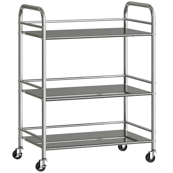 3 Tier Stainless Steel Kitchen Storage Trolley with Adjustable Shelf - Silver