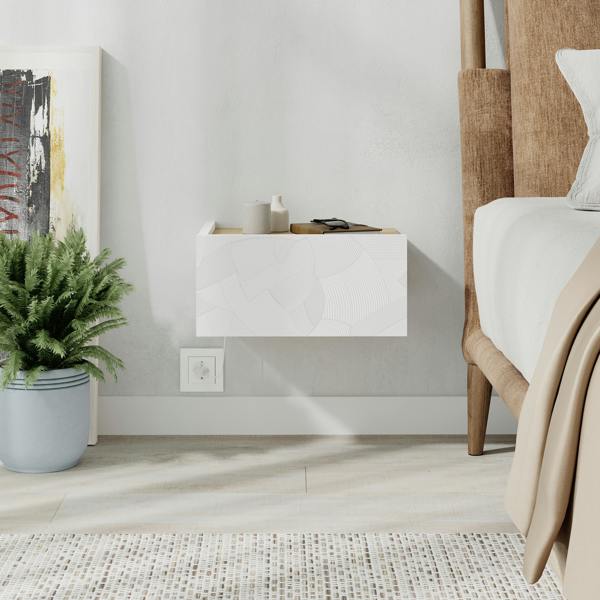 Decortie Floating Bedside Table w/Drawer, Underneath LED Light Handleless Modern Nightstand Wall-Mounted Storage