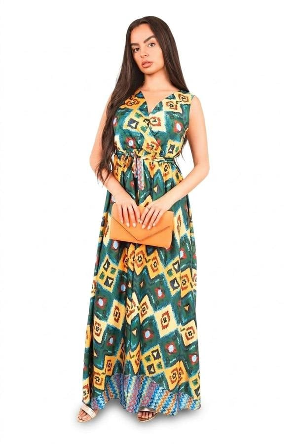 Nalani V Neck Sleeveless Maxi Dress With Tie Waist - Yellow_wb