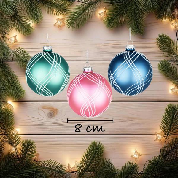 8cm Glass Christmas Baubles 12 Pack in Assorted Green, Pink and Blue Festive Designs image 3