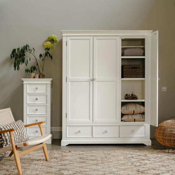 Statement Furniture Gainsborough White Three Door, Tree Drawer Wardrobe with Crystal Handles