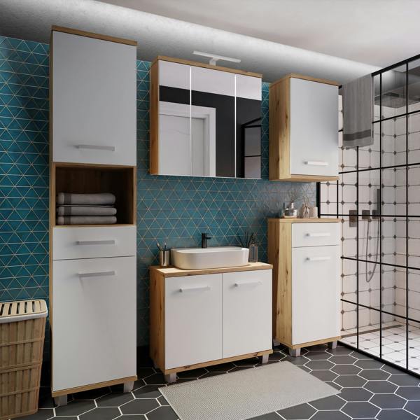 Furniture To Go Veris Tall Narrow Bathroom Cupboard with 2 Doors & 1 Drawer in Artisan Oak andLight Grey