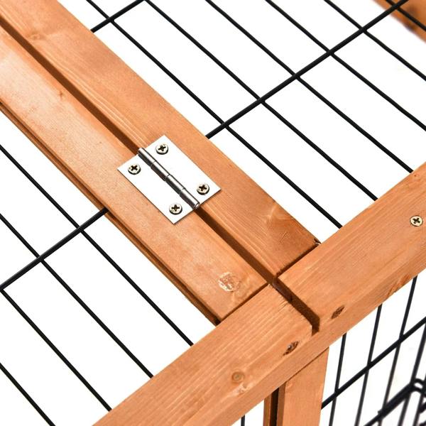Wooden pet hutch wire mesh with metal hinge plates and screws on frame