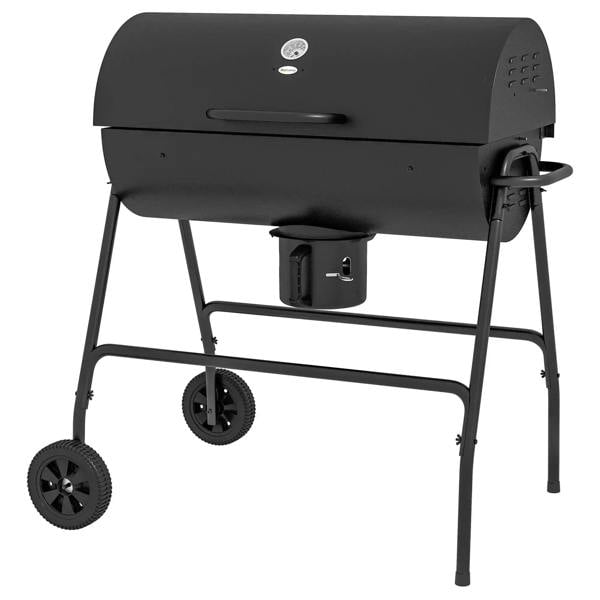 Black charcoal BBQ grill with ash catcher and side handles, cart-style wheels