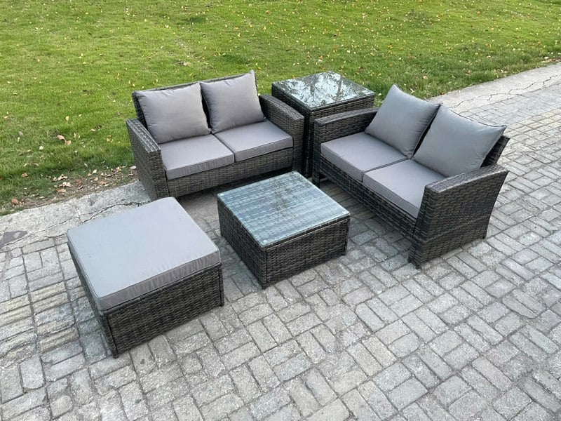 Fimous 5-Piece Rattan Garden Furniture Set - Patio Wicker Sofa with 2 Double Seat Sofas, Coffee Table & Big Footstool