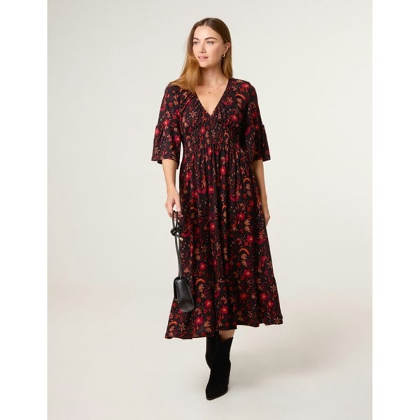 Blue Vanilla Paisley Shirred Waist V Neck Midi Dress