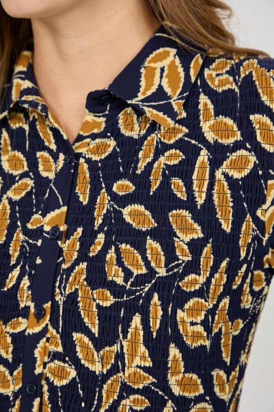 Mudflower Leaf Print Soft Touch Shirred Bodice Button-Up Midi Dress