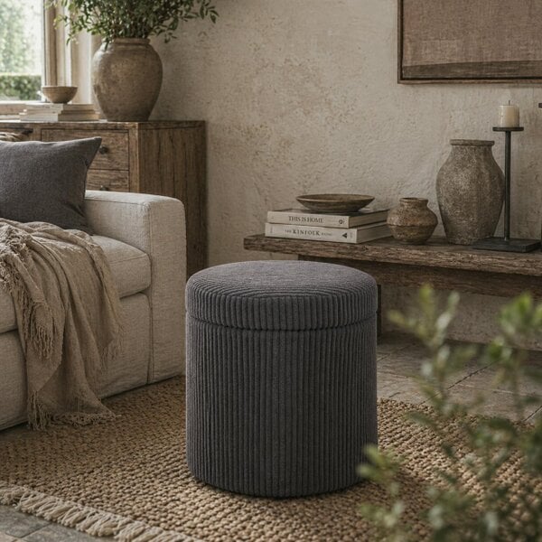 Wyld Haus Yoluha Round Grey Corduroy Storage Footstool With Removable Lid