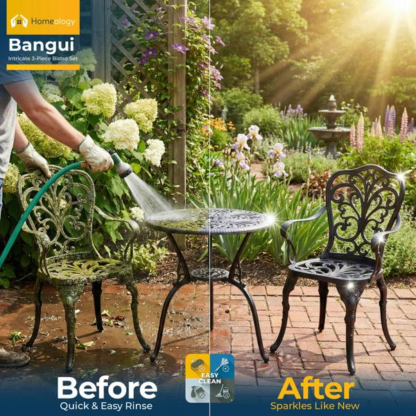 Homeology BANGUI Black Garden and Patio Table and 2 Large Chairs with Armrests Cast Aluminium Bistro Set