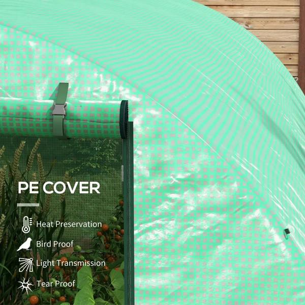 Green PE cover attached with end-panel clips on polytunnel greenhouse frame