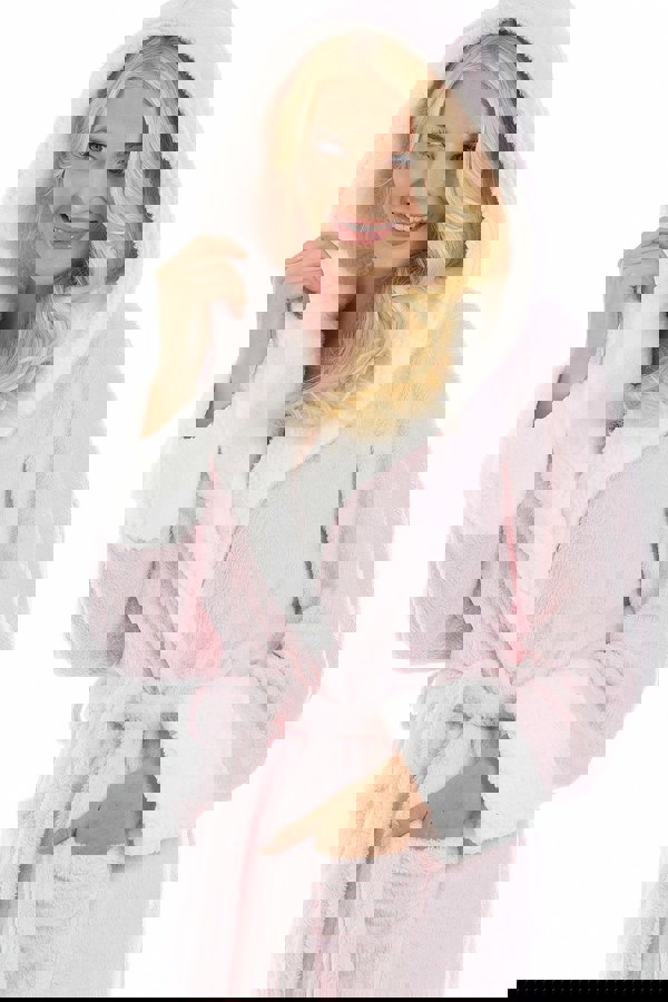 Camille Womens Pink Deep Pile Full Length Fleece Bathrobe with Sherpa Lined Hood & Cuffs