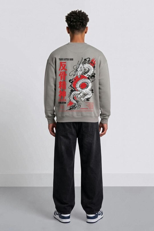 London Attitude Oversized Tokyo After Dark Dragon Sweatshirt - Steel Grey