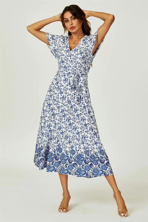 FS Collection Floral Border Print Hem Tiered Midi Dress In White