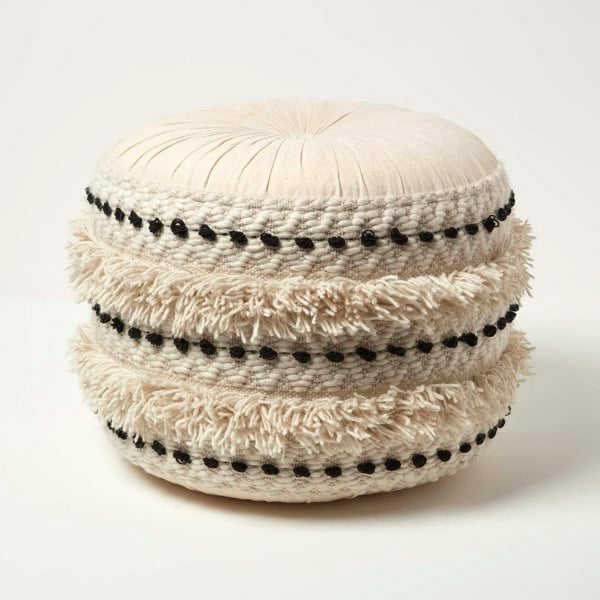HOMESCAPES Sahara Cream & Black Macrame Tufted Boho Pouffe - 50 cm Tall