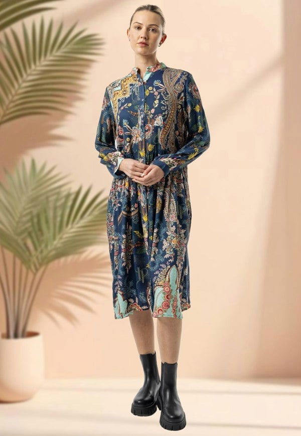 ANGELEYE Deluxe Luxurious Viscose Twill Blue Shirt Midi Dress in Premium Floral Print