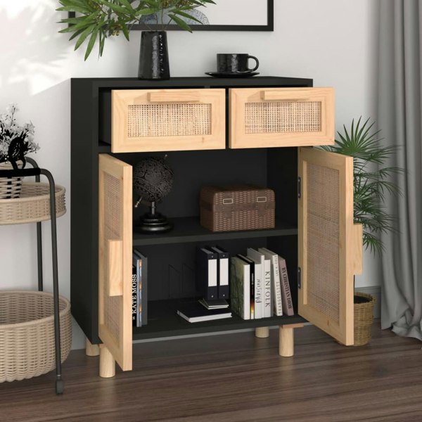 Berkfield Sideboard Black 60x30x75 cm Solid Wood Pine and Natural Rattan