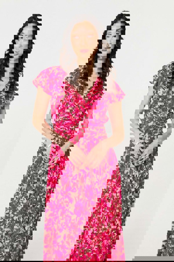 Pink | Floral Cap Sleeve Ruched Maxi Dress
