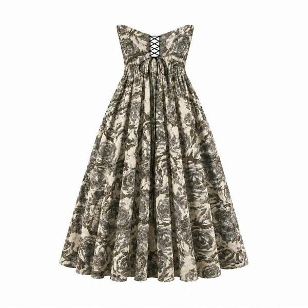 The Sarvin Tala Corset Midi Dress features a strapless, lace-up bodice and a full skirt in black and beige floral print, creating an elegant hourglass silhouette. Shown on a plain white background.