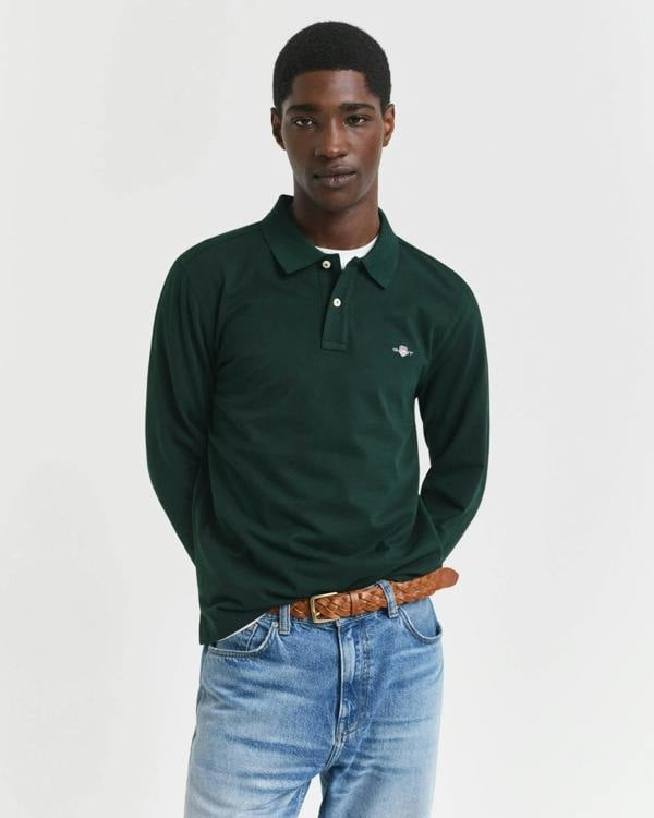 GANT Mens Regular Fit Long Sleeve Shield Logo Pique Rugger - 374 Tartan Green | CHO | Designer Mens Long Sleeve Polo Shirts