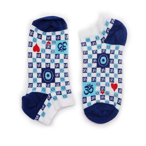 Low-cut bamboo socks, white with blue check pattern and evil-eye motif