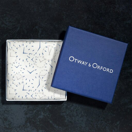 Otway & Orford 'Chronos' watch design silk pocket square in white with blue & grey (42 x 42cm)