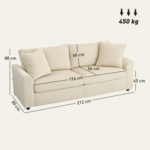 Bobobiy Modern 3 Seater Sofa with Spring Cushion, 212 cm Fabric Jumbo Cord Sofa Couch with 2 Scatter Cushions, Cream White