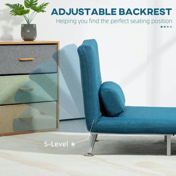 Blue sleeper chair with thick padded seat and tall backrest, silver metal legs