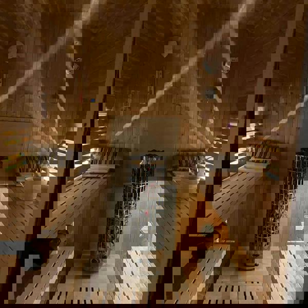 400cm Spruce Barrel Sauna | Thermowood | Terrace | Wood-Fired or Electric.