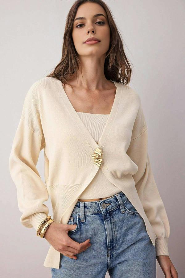 WOVCOR 2-Piece Knit Cardigan-Blouse Set with Button Detail