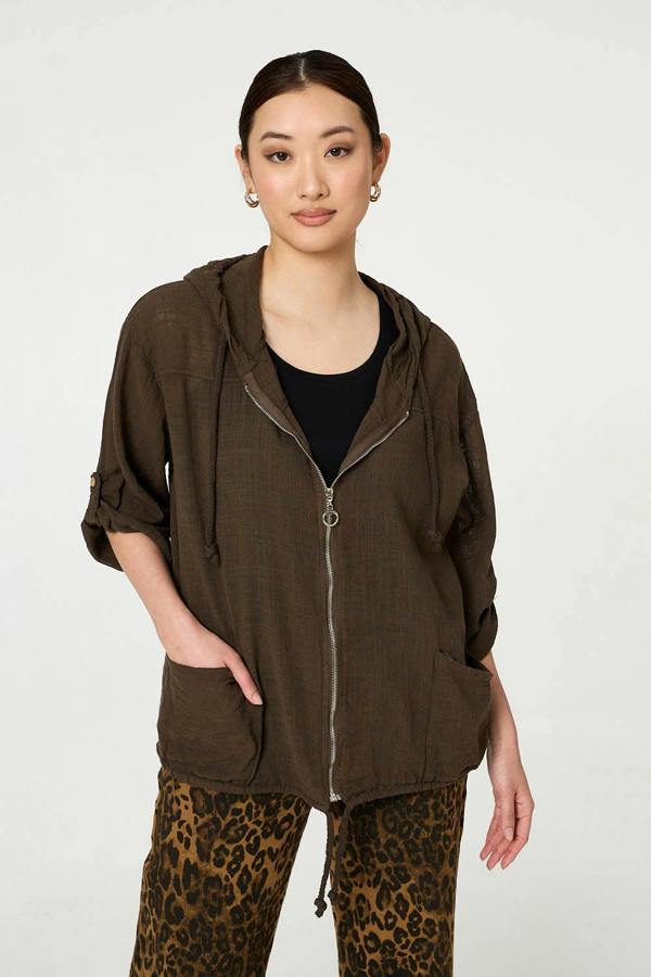 Chocolate | 3/4 Sleeve Hooded Zip Front Jacket : Model is 5'9"/175 cm and wears UK8/EU36/US4/AUS8