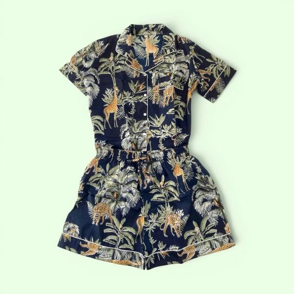 Hayley & Co Giraffe Print 100% Cotton Short Pyjama Set in Dark Blue