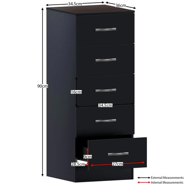 Vida Designs Riano 5 Drawer Narrow Chest, Black