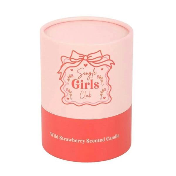 Pink cylindrical candle with “Single Girls Club” logo, wild strawberry scent