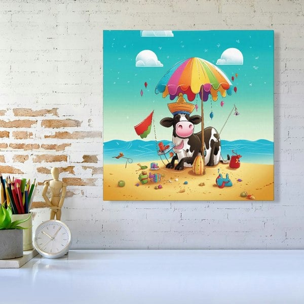 Warren Reed Cow On A Beach Holiday Canvas