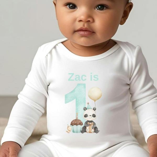 Personalised Green Panda 1st Birthday Baby Grow, Vest or Bib with Name